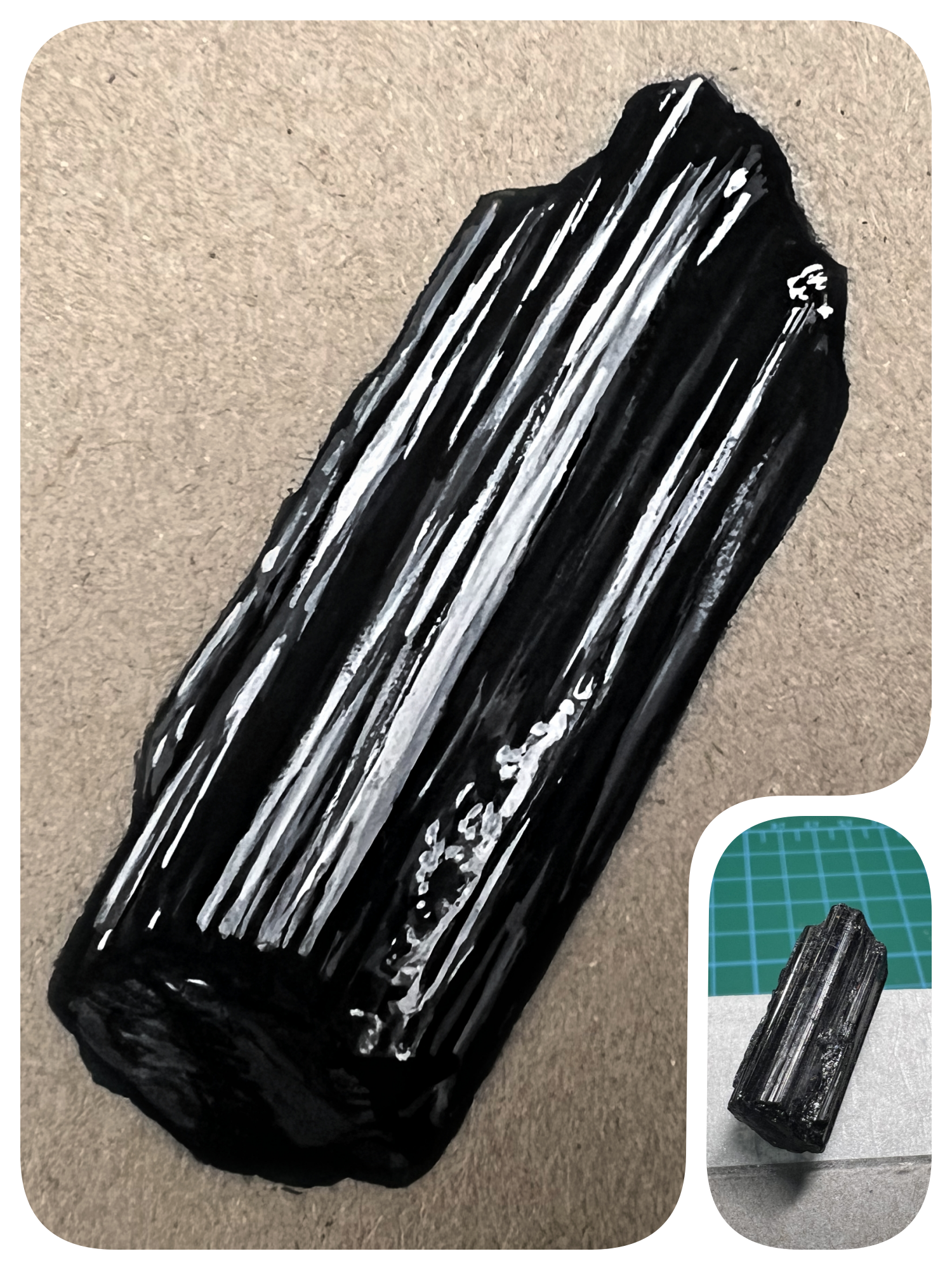 Scientific illustration of a tourmaline specimen