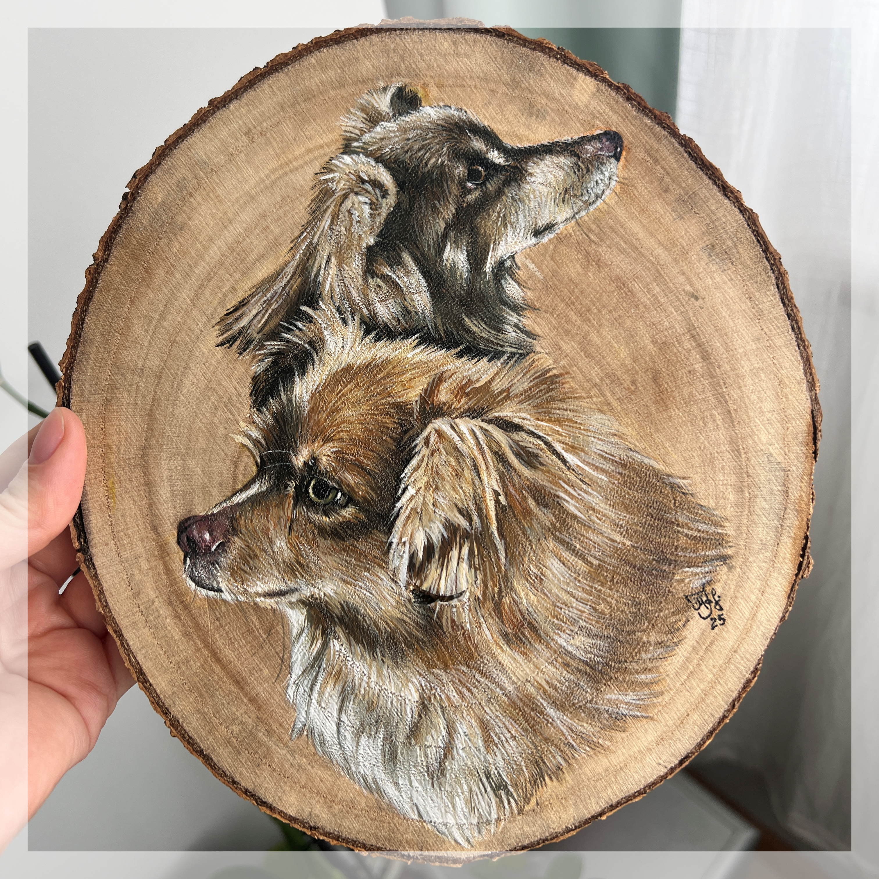 dog portraits, realistic gouache on wood slice